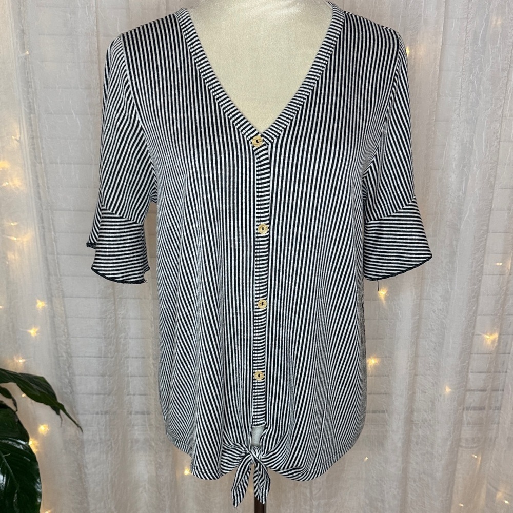 Navy and White Striped V-Neck Blouse with Tie Front - Picture 1 of 8